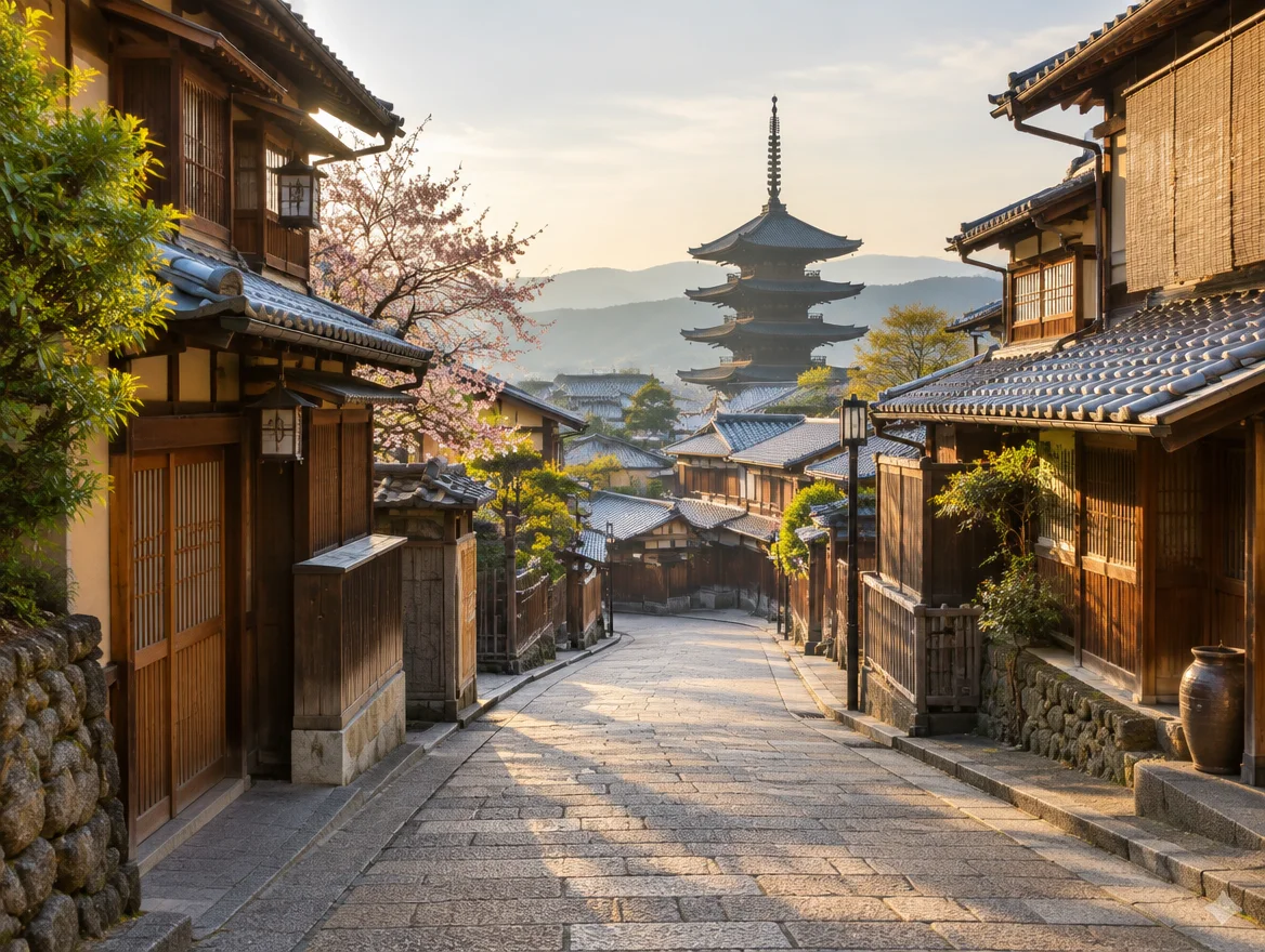 Kyoto street with traditional buildings in daylight