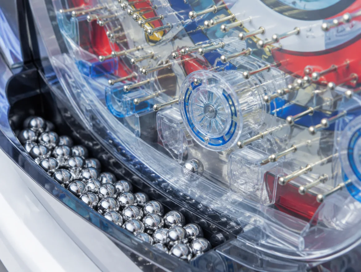 Pachinko playfield with pins and silver balls in soft light